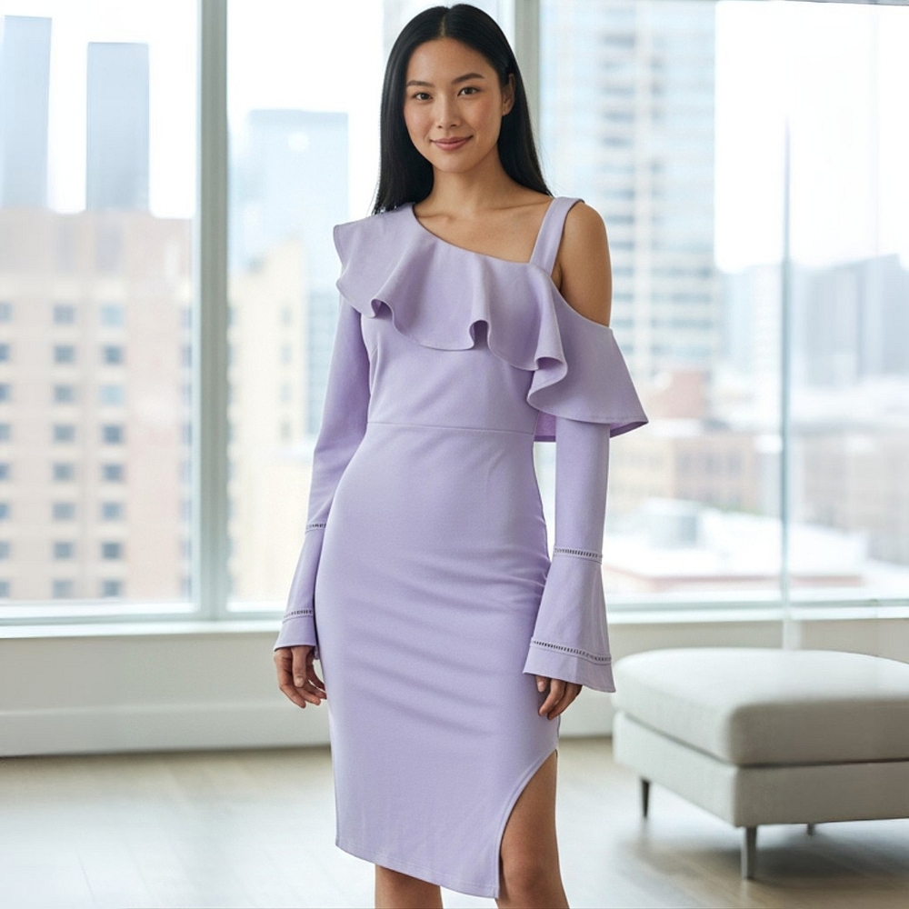 Venus Lavender One-Shoulder Bodycon Dress Flared Cuffs Ruffle Detail Size 2